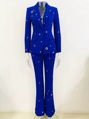 Blue Embellished Women's Pant Suit - Tailored Blazer & Flared Trousers